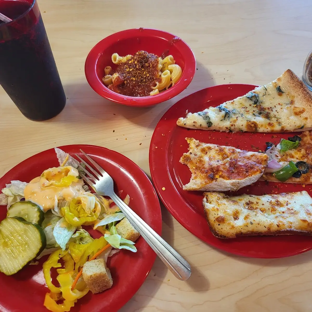 Salad Bar Pasta with Marinara Sauce and Spinach Pizza