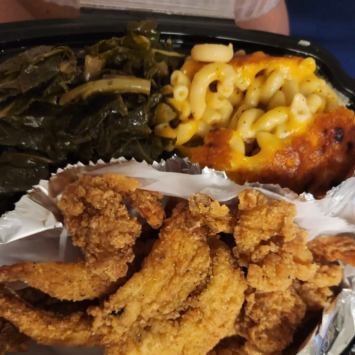 Fried Whitings with Mac and Cheese Collard Greens