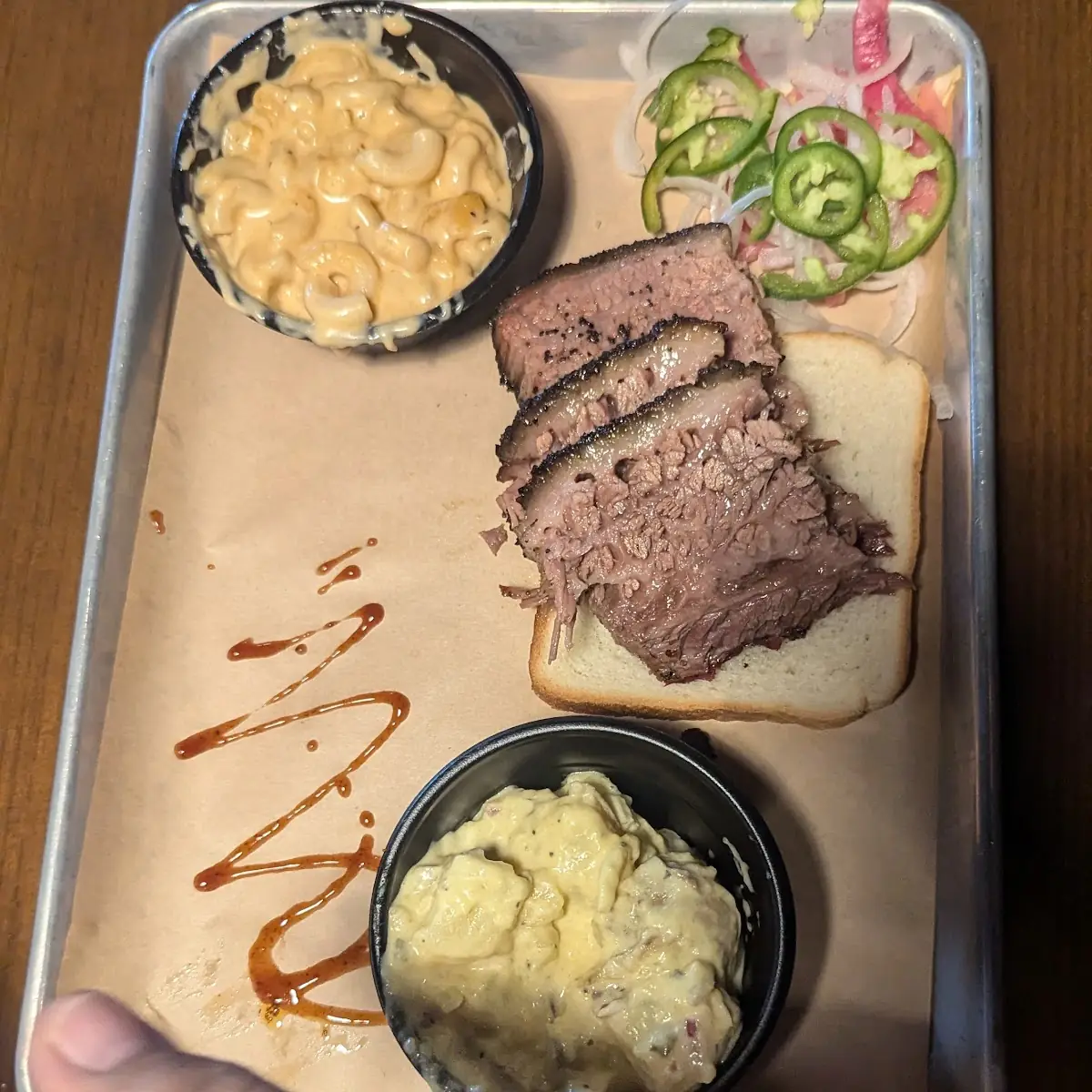 Brisket Platewith Mac and Cheese and Loaded Mashed Potatoes