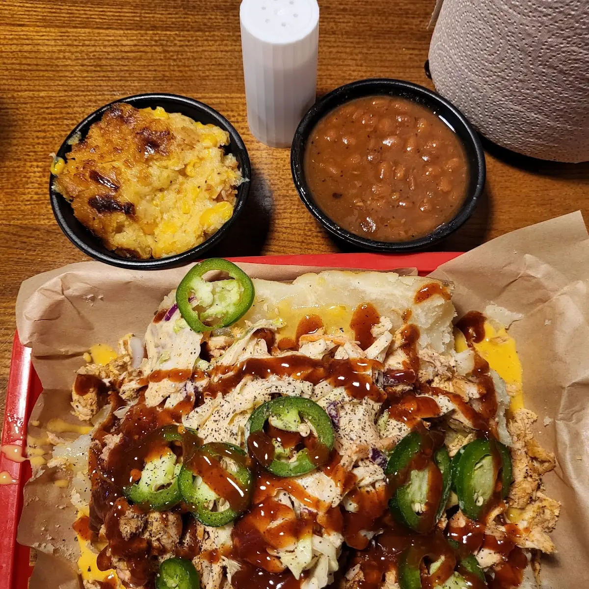 Chicken Baked Potato with Baked Beans and Corn Pudding