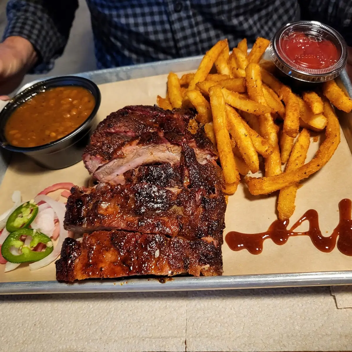 Ribs Baked Beans and Fries