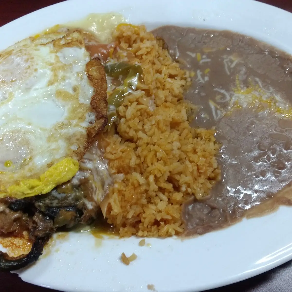 Chile Relleno and Eggs with Beans and Rice