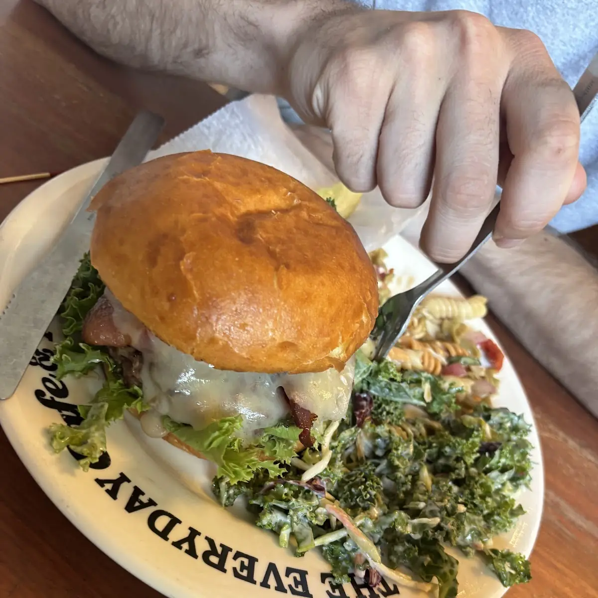 Burger with Pasta Salad