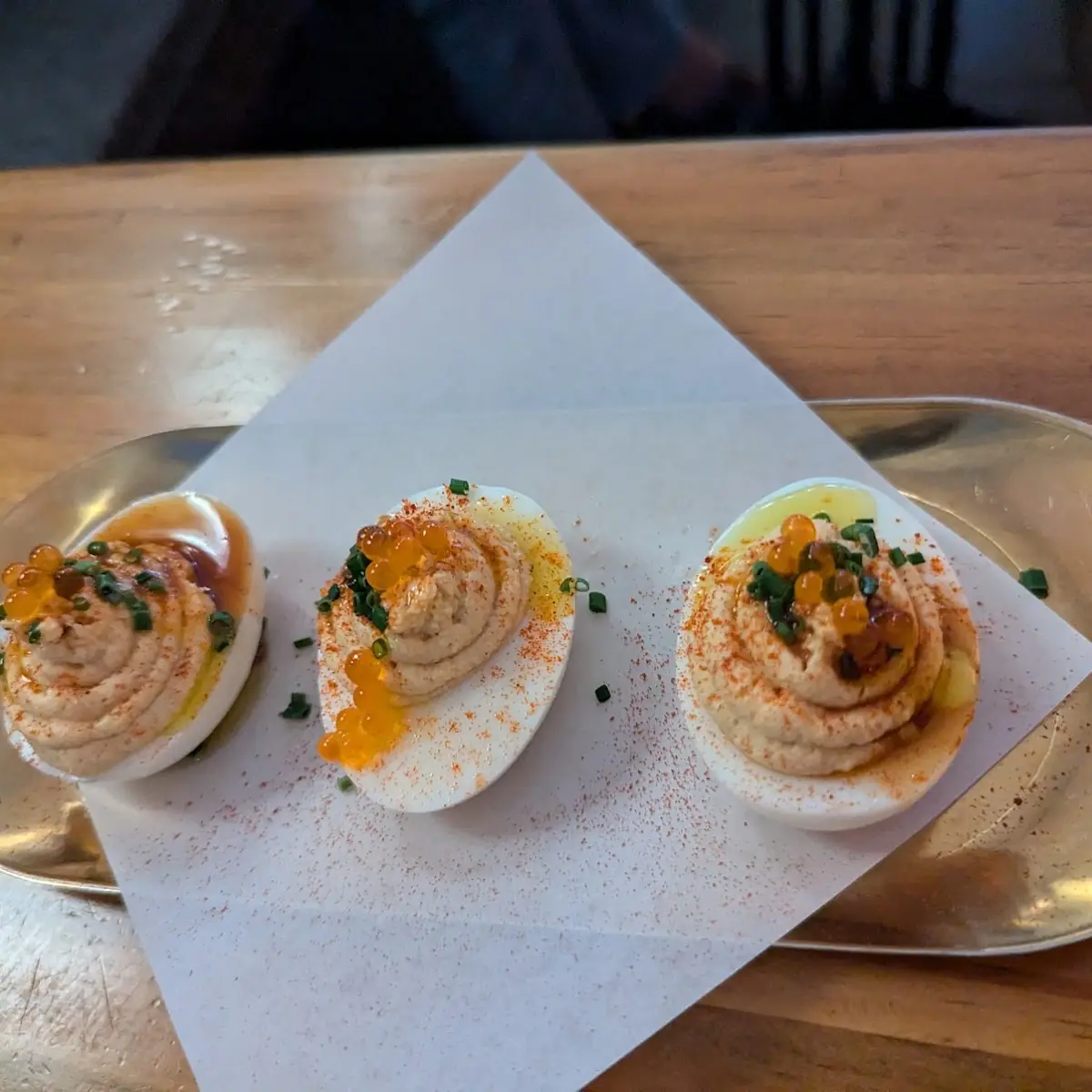 Smoked Trout Deviled Eggs with Trout Roe and Smoked Paprika