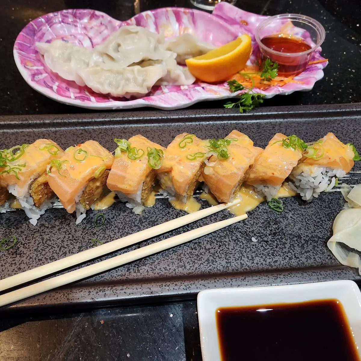 Salmon Roll and Pork Dumplings