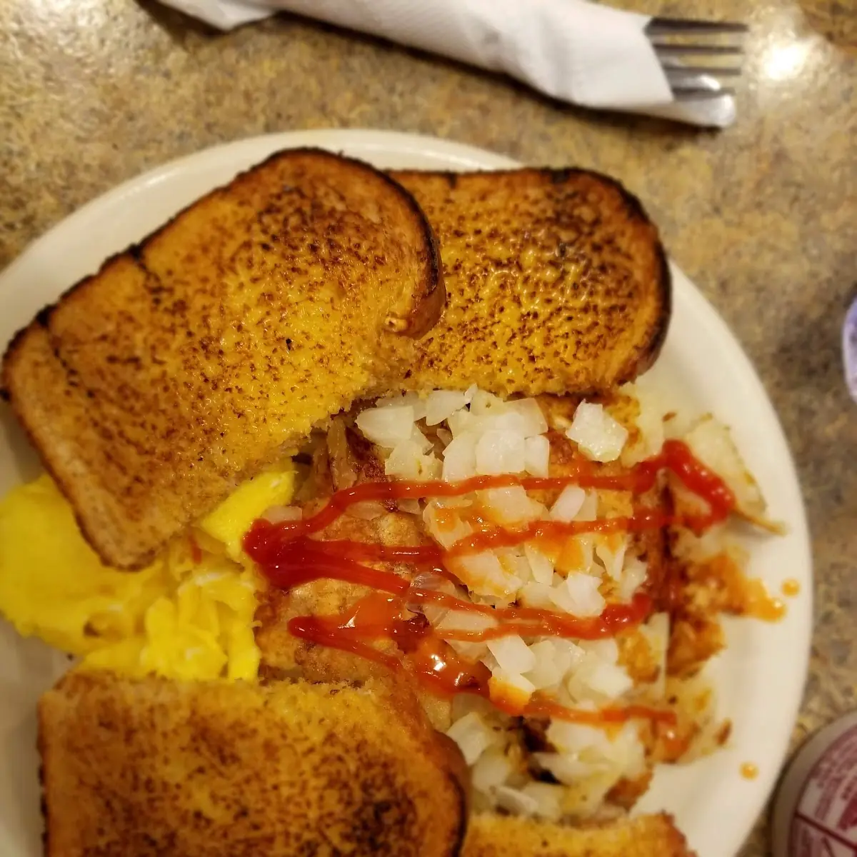 Scrambled Eggs Fried Potatoes and Toast