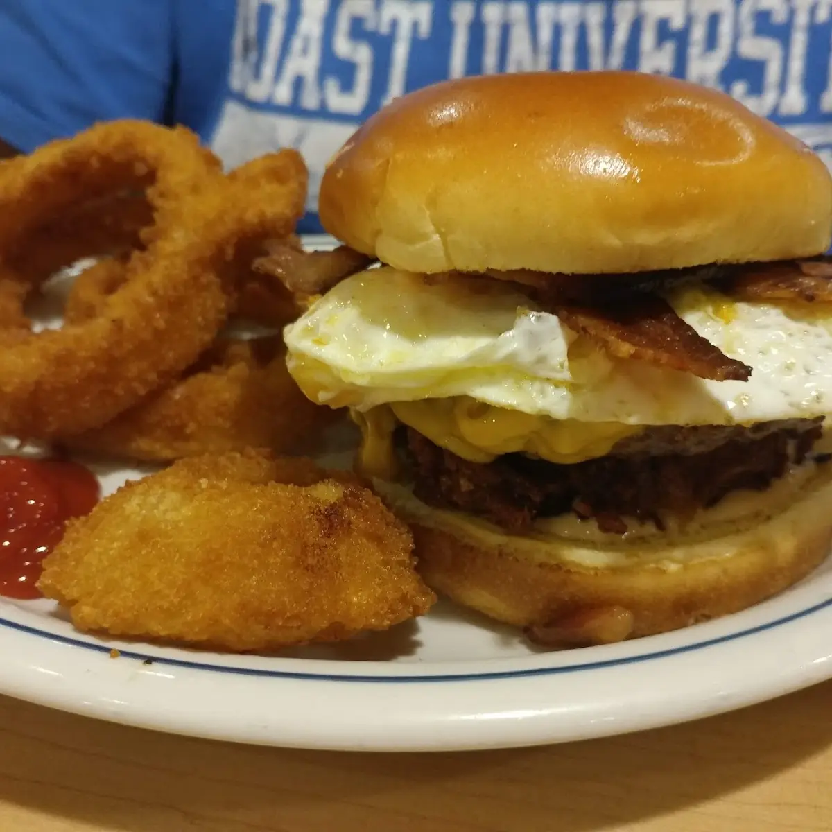Brunch Burger and Onion Rings