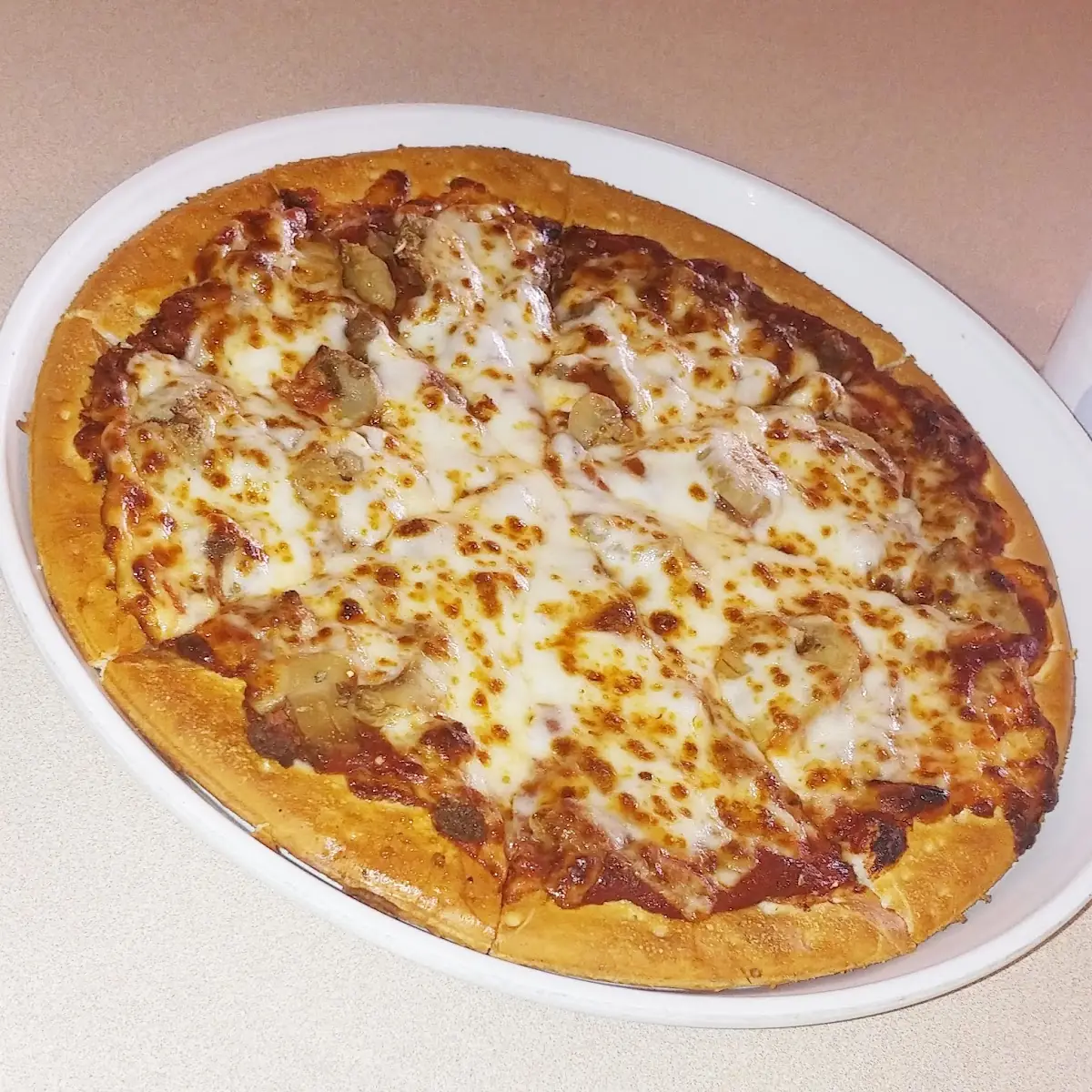 Small Thin Crust Beef and Mushroom Pizza