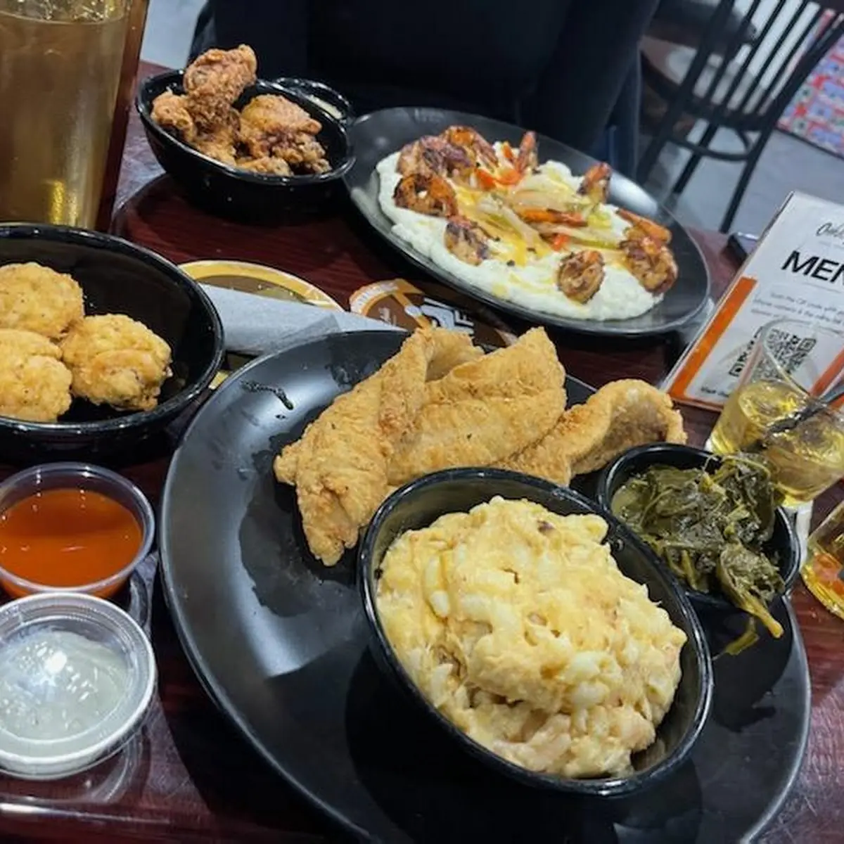 Catfish Dinner with Mac and Cheese and Collards