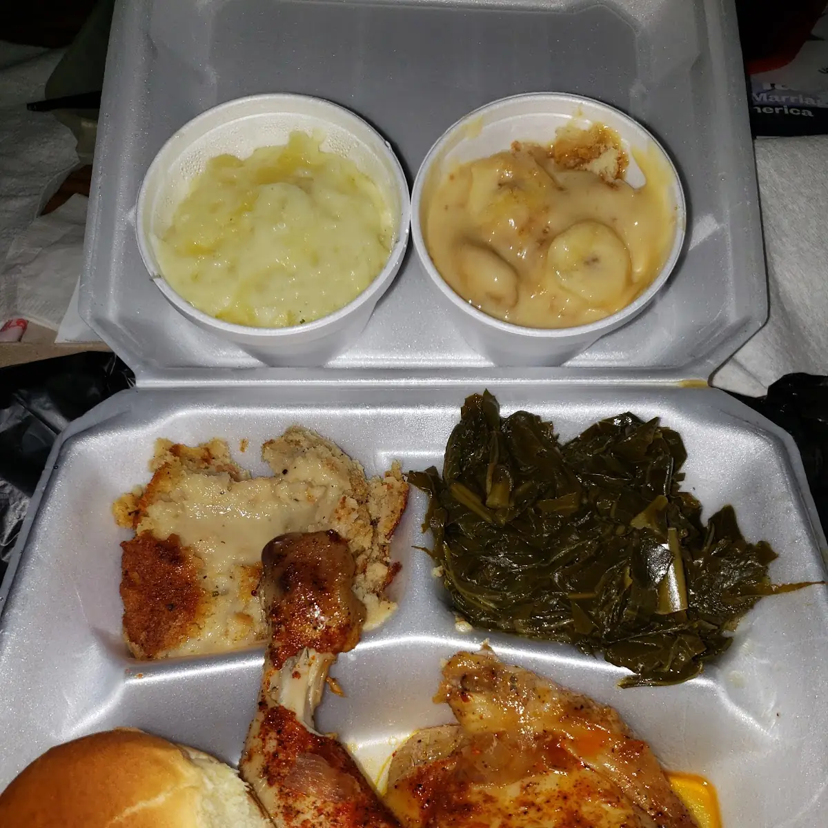 Baked Chicken Cornbread Dressing Collard Greens Roll