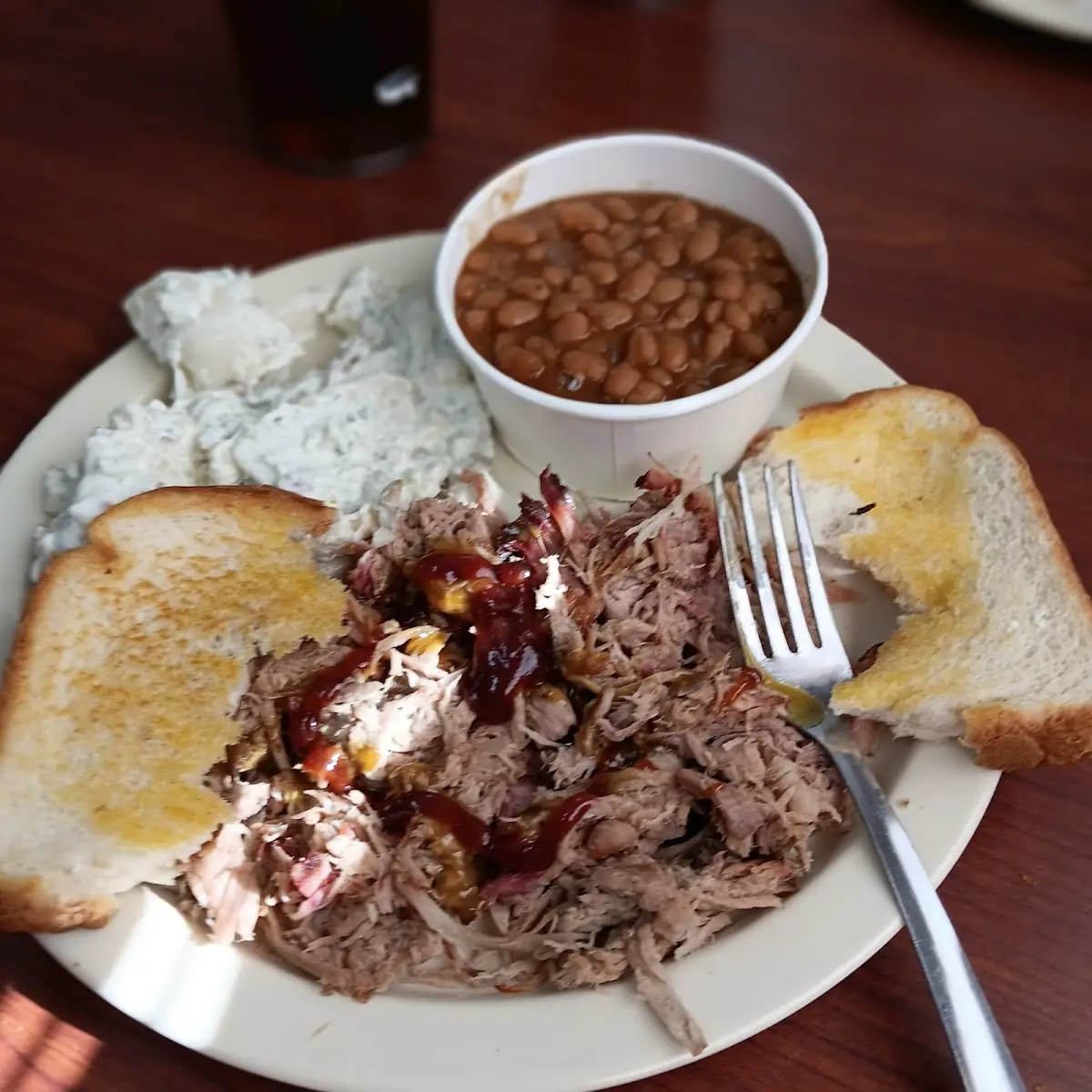 Pulled Pork Platter with Loaded Potato Salad and Baked Beans
