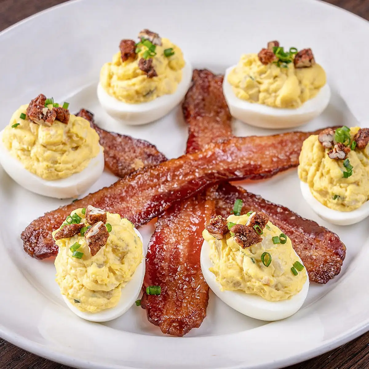 Deviled Eggs w Spiced Pecans & Sugar Cured Bacon