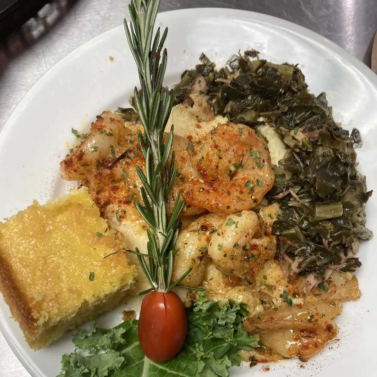 Cajun Catfish and Grits Greens and Cornbread