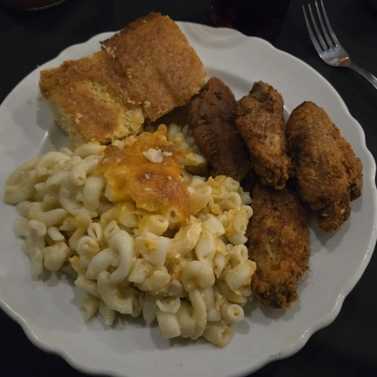 Fried Chicken Wing Dinner with Mac and Cheese and Corn Bread