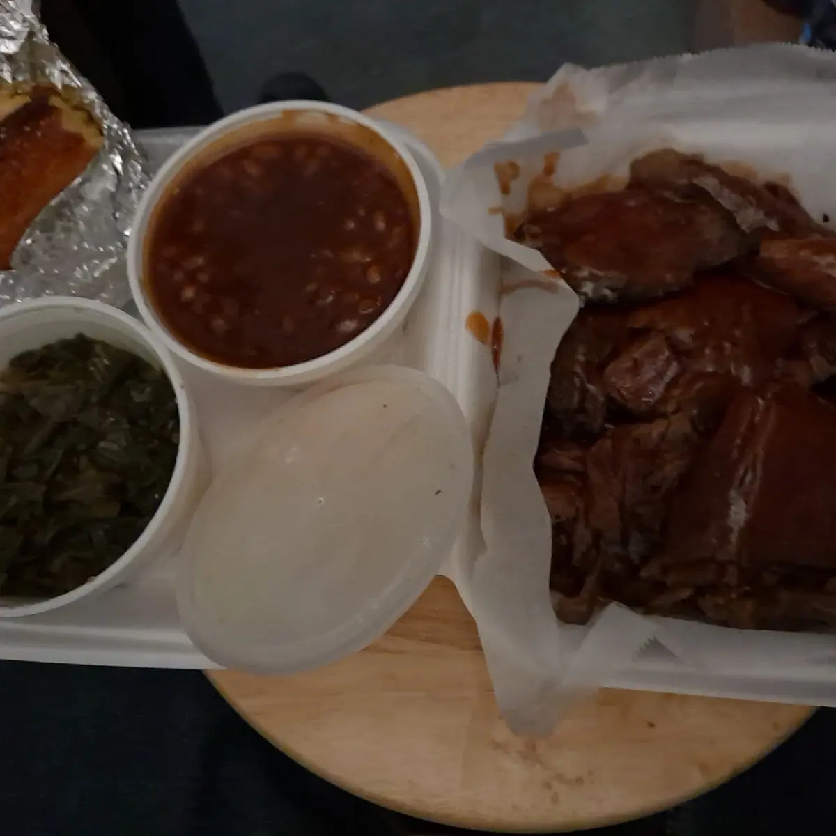 BBQ Brisket with Greens BBQ Beans and Cornbread