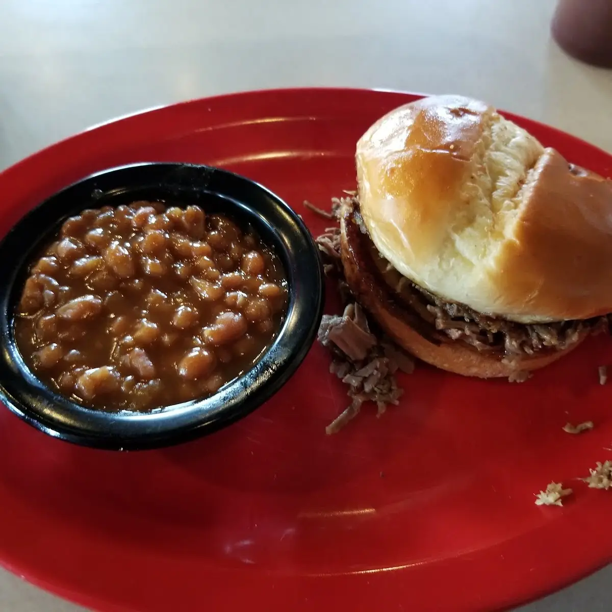 Chopped Brisket Sandwich and Baked Beans