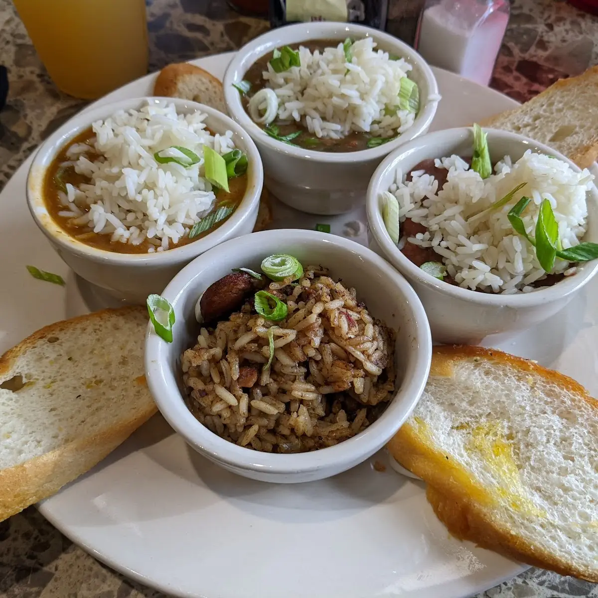 Sampler Platter Jambalaya Red Beans and Rice Gumbo and Crawfish Etouffee