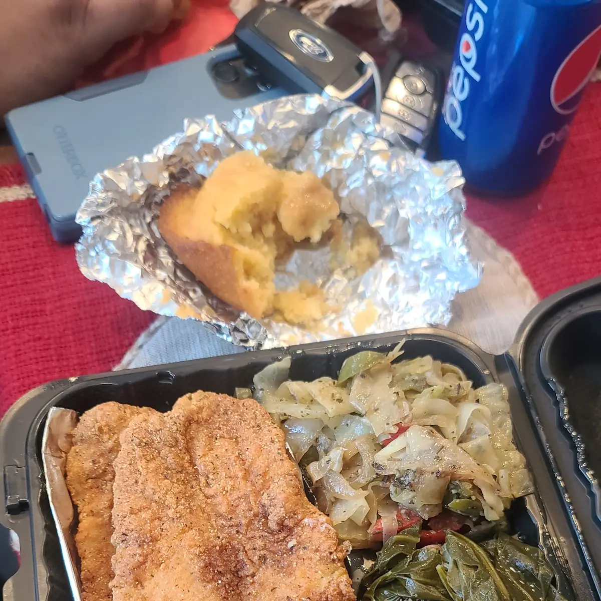 Fried Catfish Platter with Cabbage and Greens