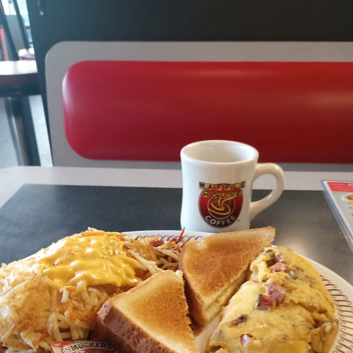 Omelette Hash Browns with Cheese Toast and Coffee