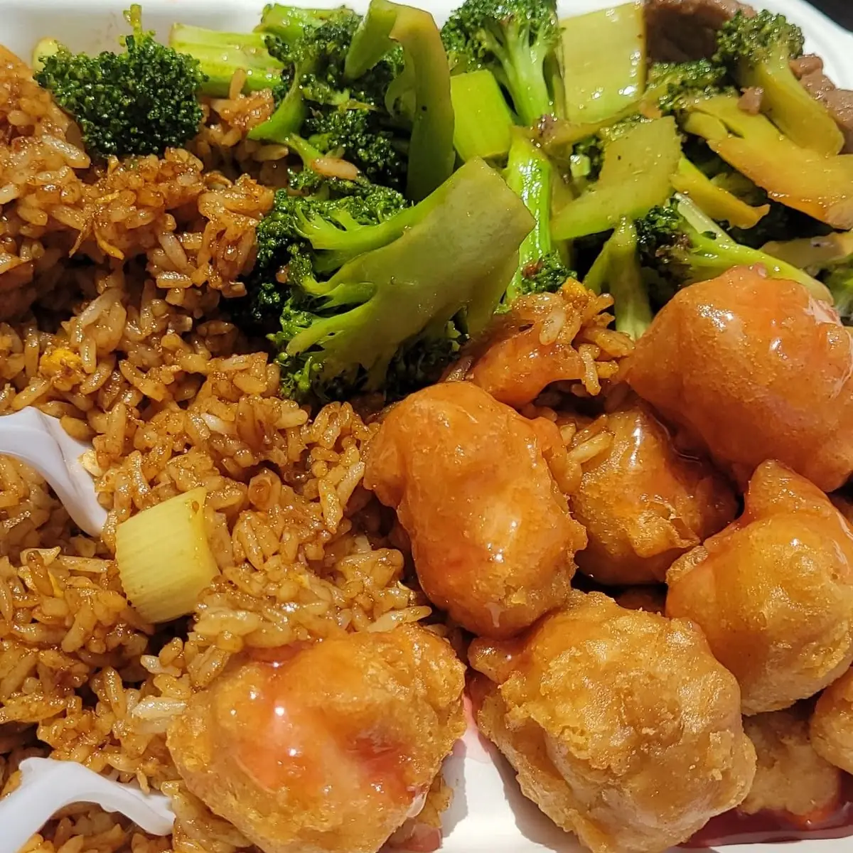 Sweet and Sour Chicken Fried Rice and Broccoli Beef