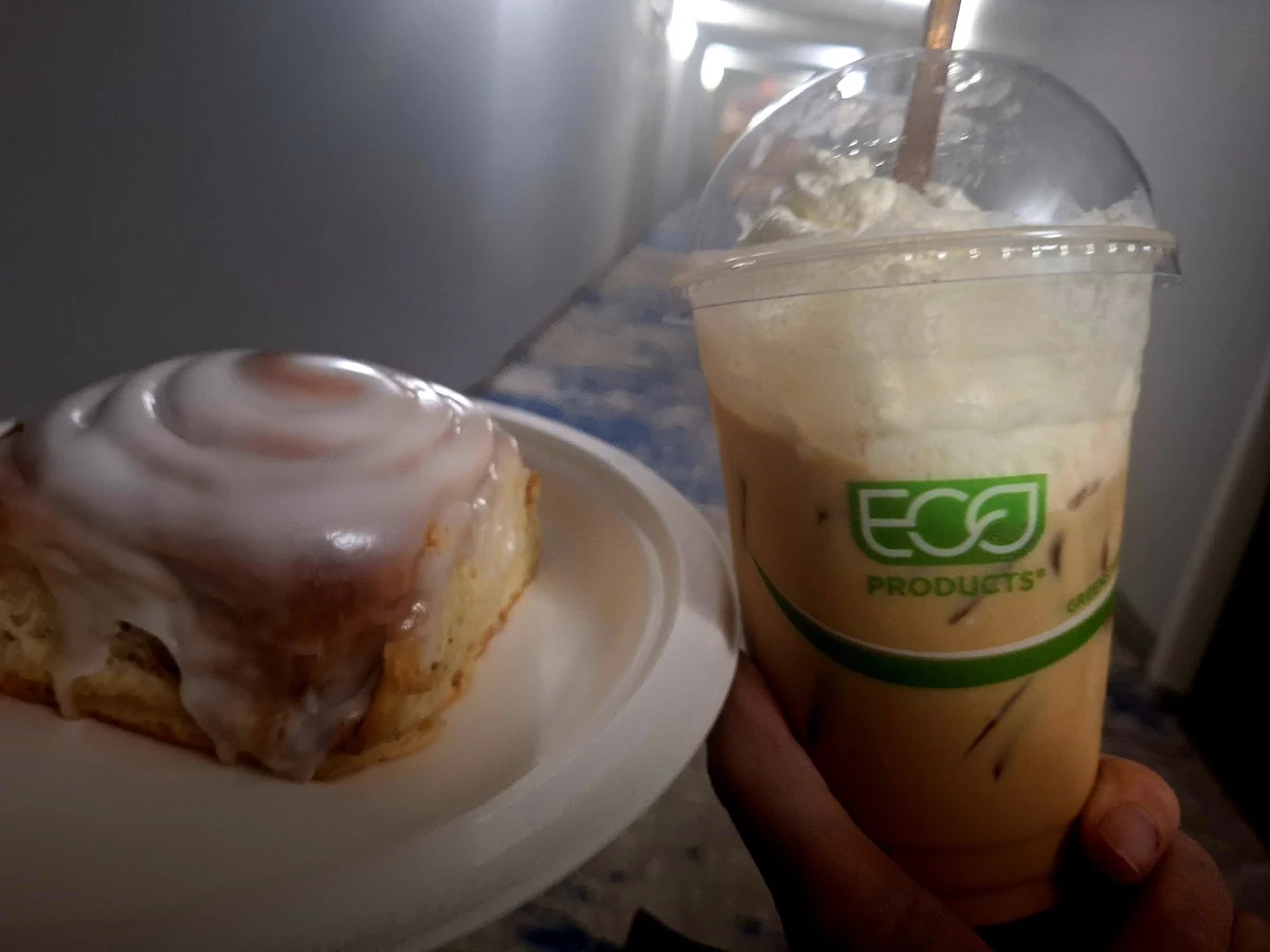 Iced White Mocha and a Cinnamon Roll