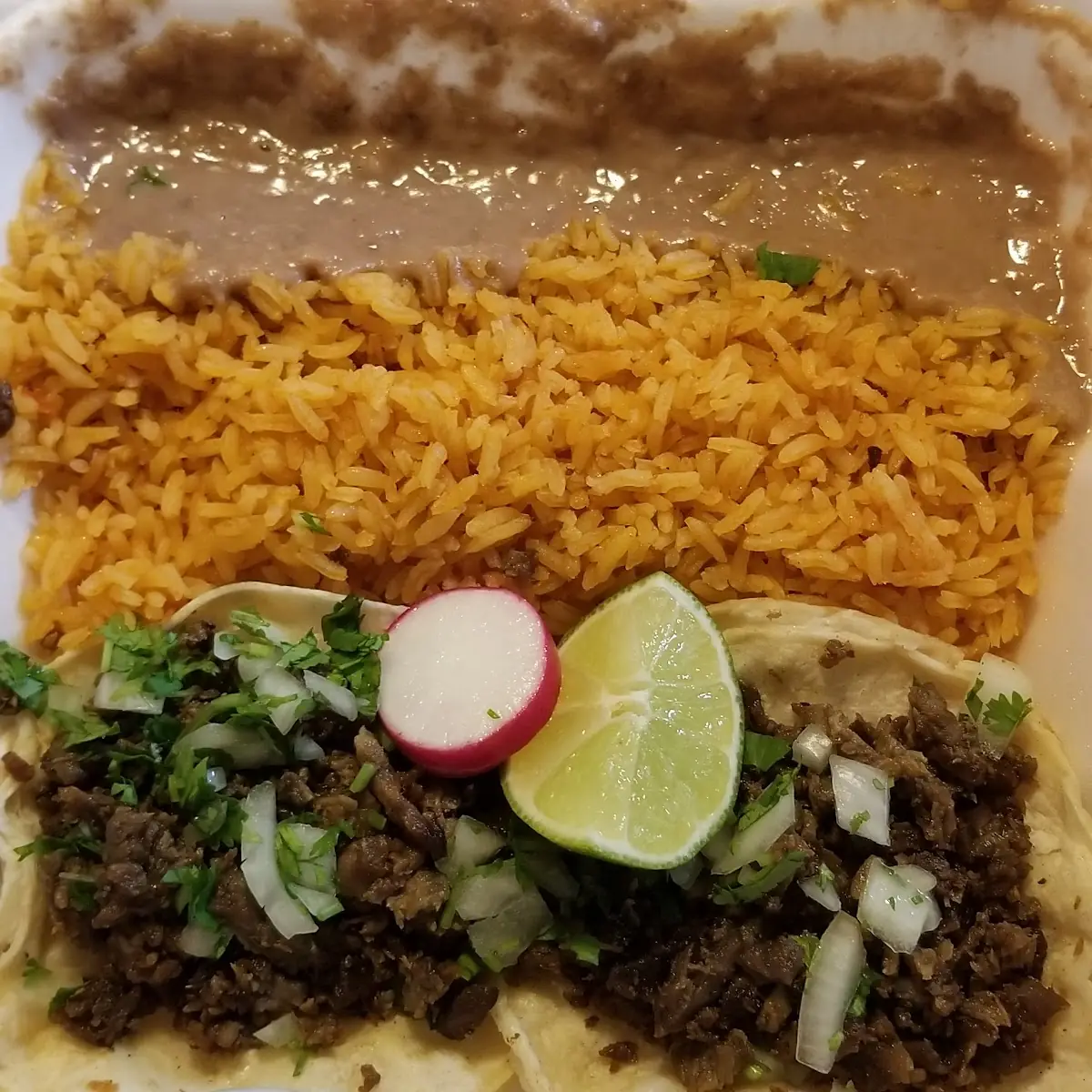 Asada Tacos with Rice and Beans