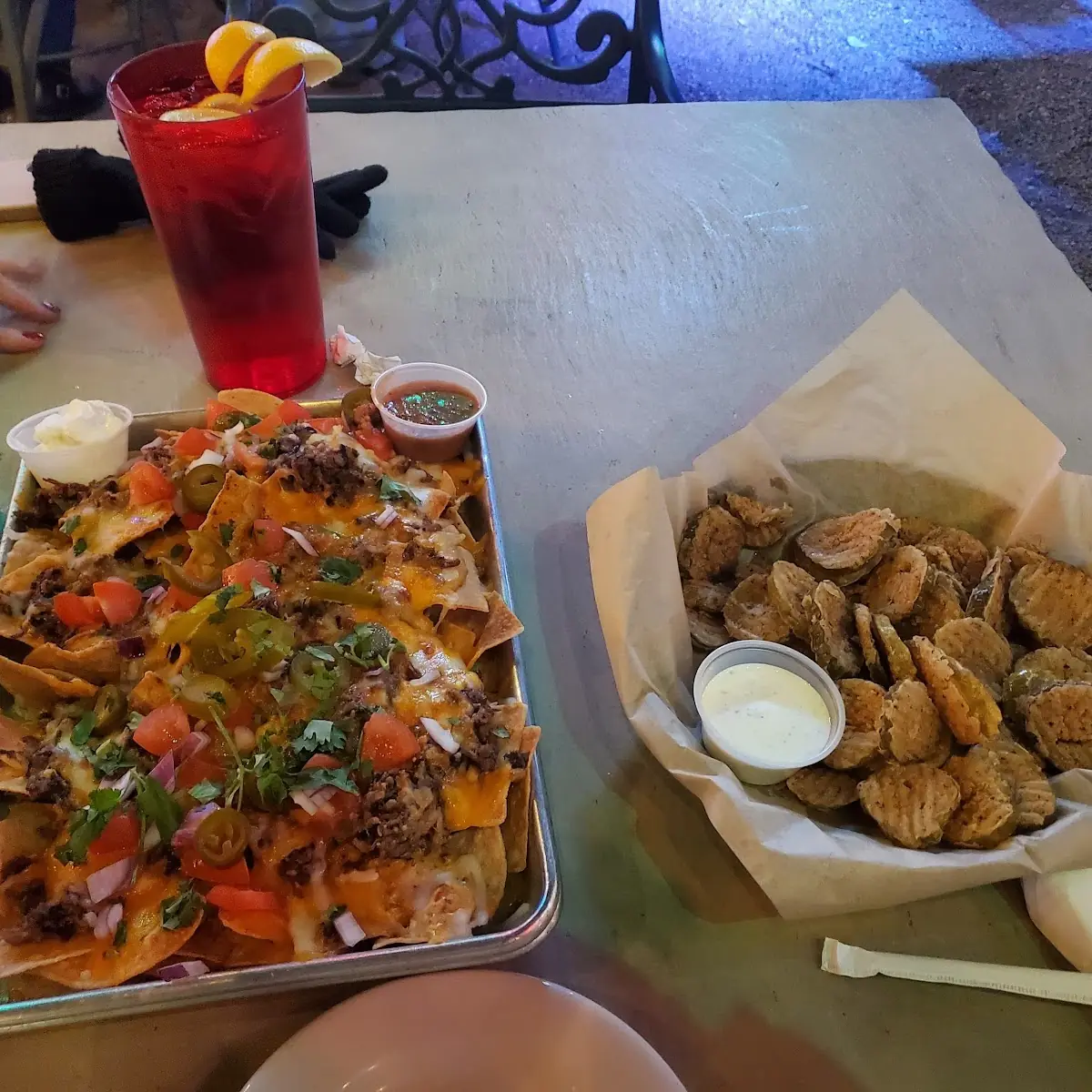 Loaded Brisket Nachos and Fried Pickles