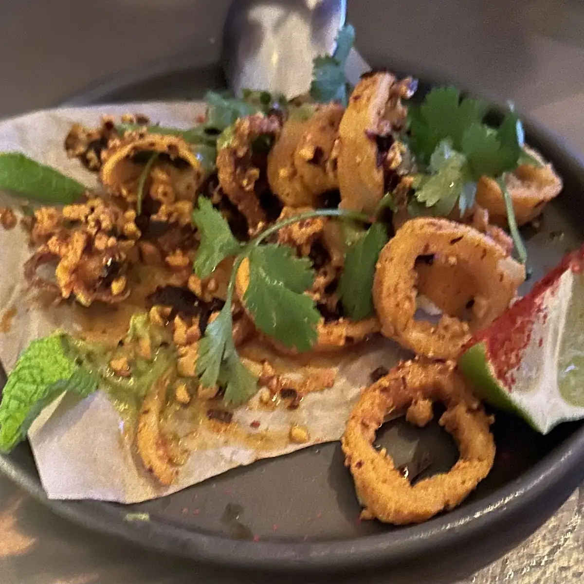 Fried Calamari w Cashew Salsa Macha Avocado & Lime