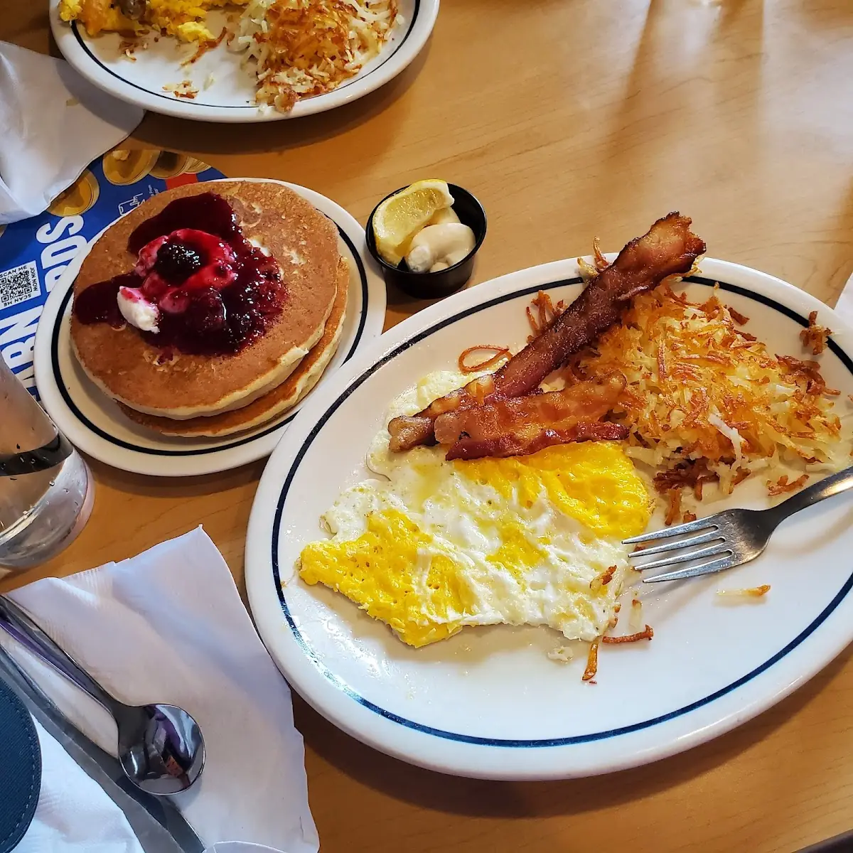 Over Easy Eggs Hash Browns Bacon Sausage