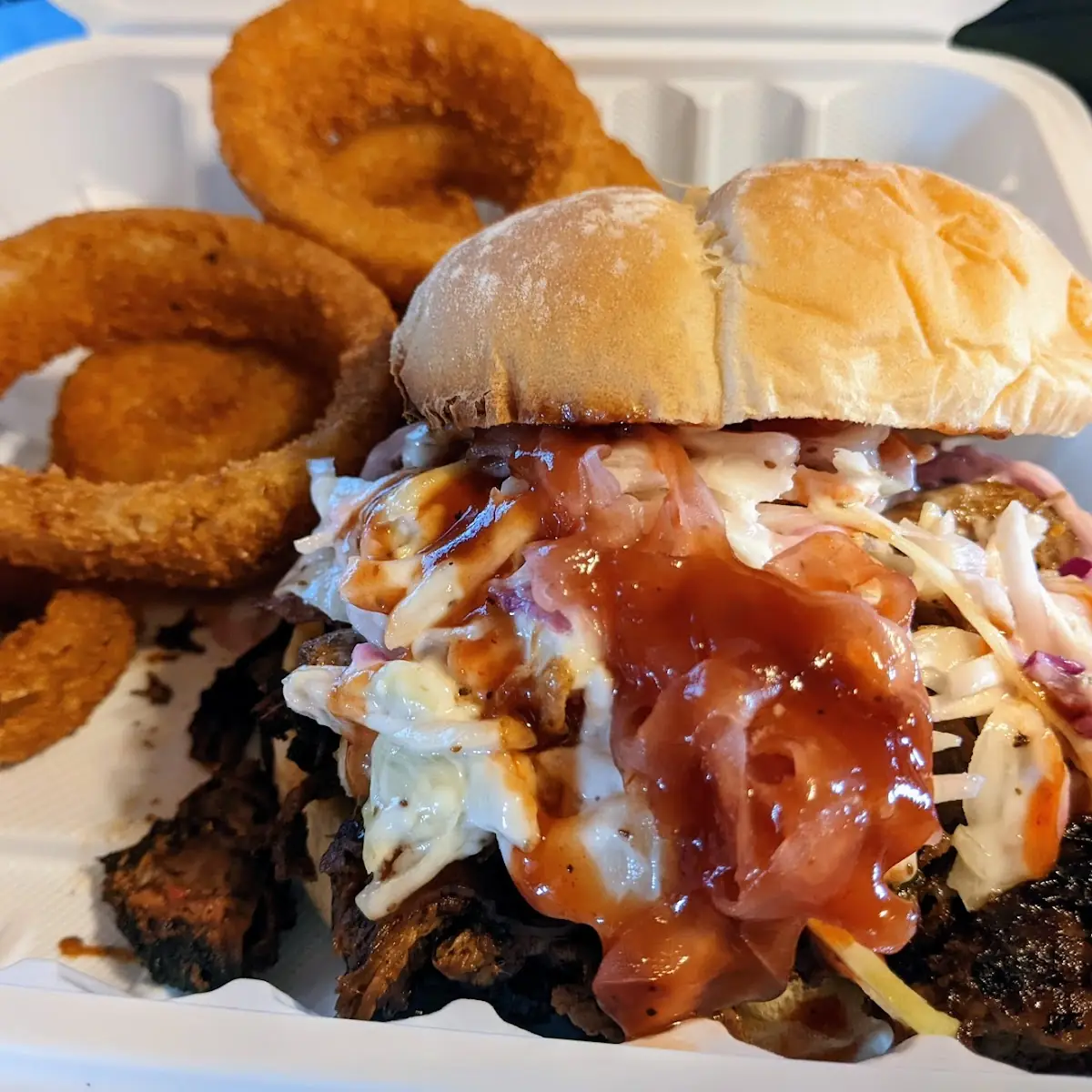 Pulled Pork Sandwich and Onion Rings