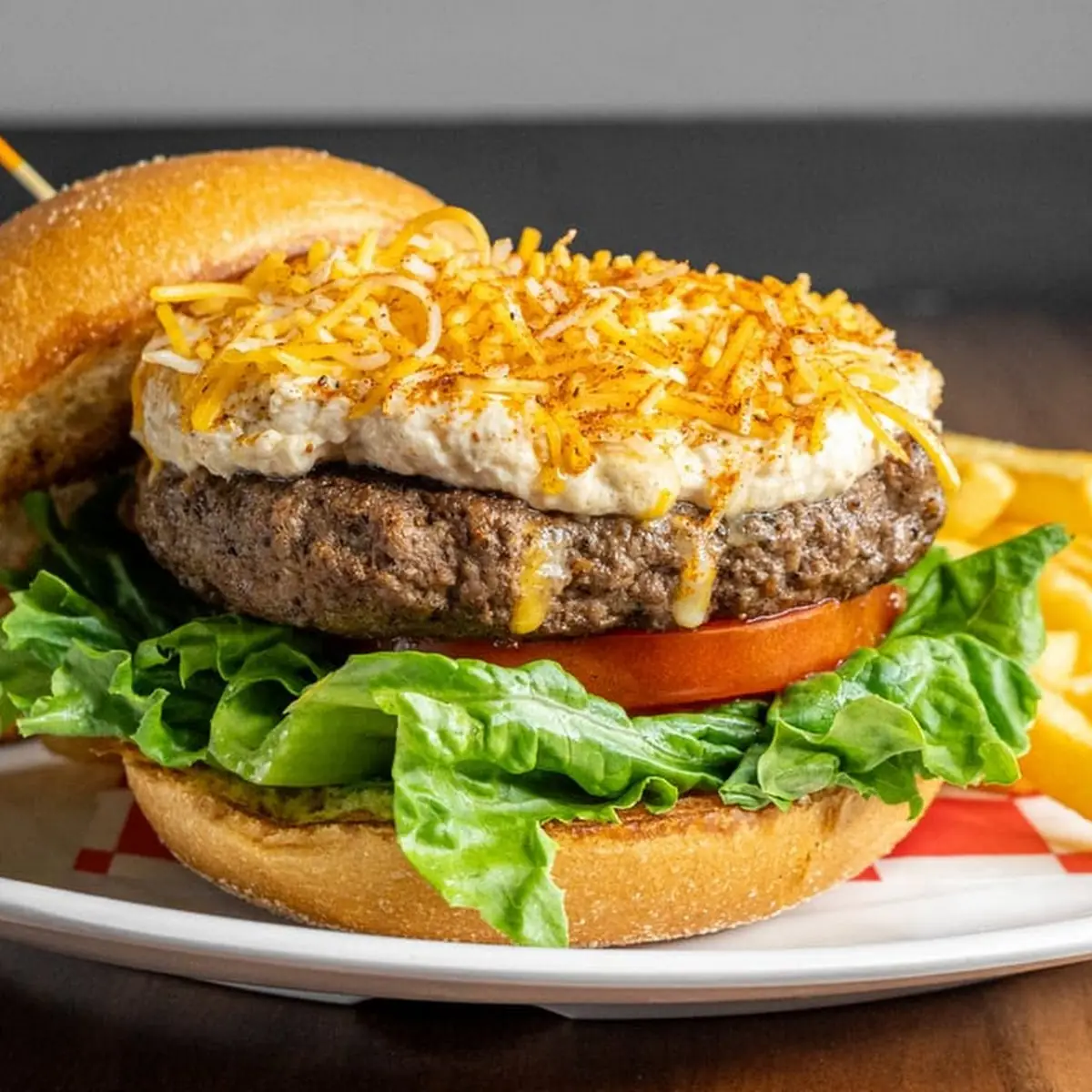 California Burger with Avocado Pepper Jack Cheese Chipotle Mayo and Red Onion