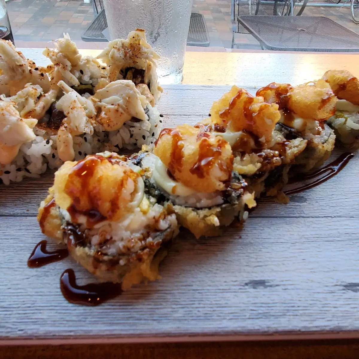 Bacon and egg sushi roll with spicy mayo