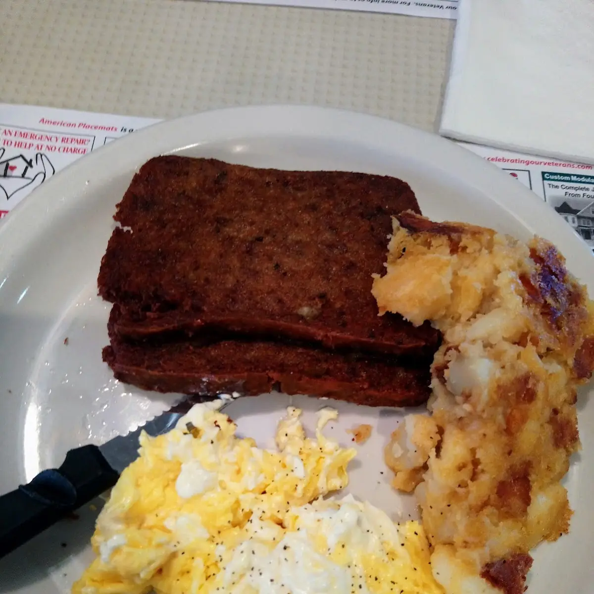 Scrapple Homefries and Cream Cheese Eggs