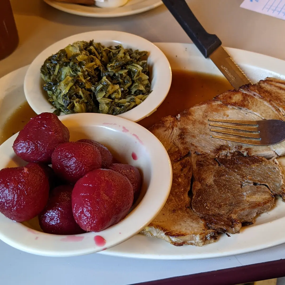 Sliced Pork Mustard Greens and Beets
