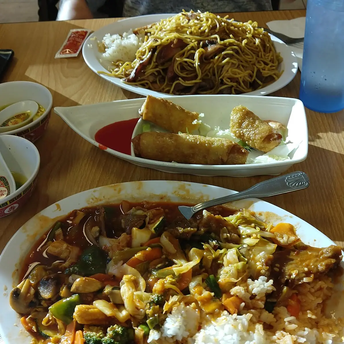 Egg Roll Schezwan Beef and 3 Meat Yaki Soba