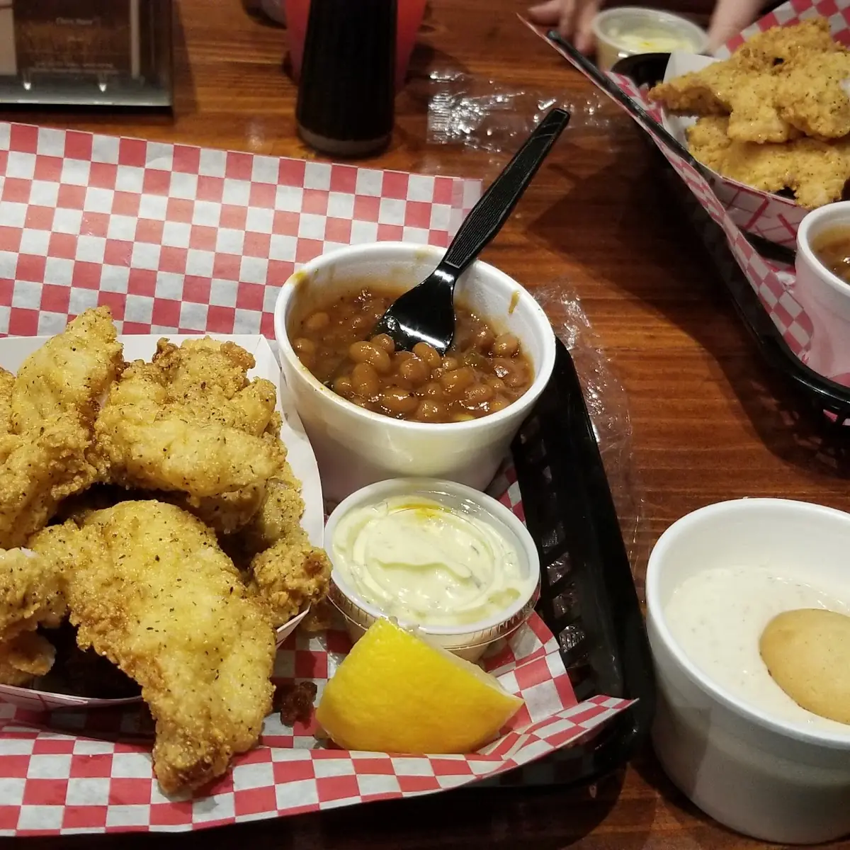 Catfish Platter with Baked Beans and Banana Pudding