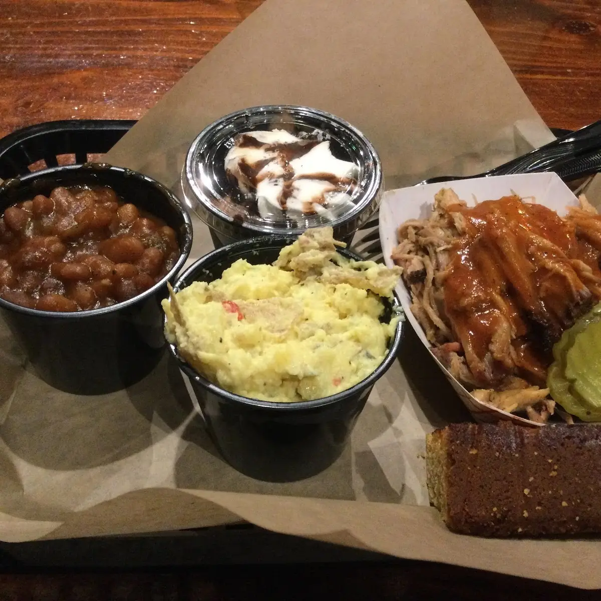Pulled Pork with Potato Salad Baked Beans Cornbread & Mud Pie