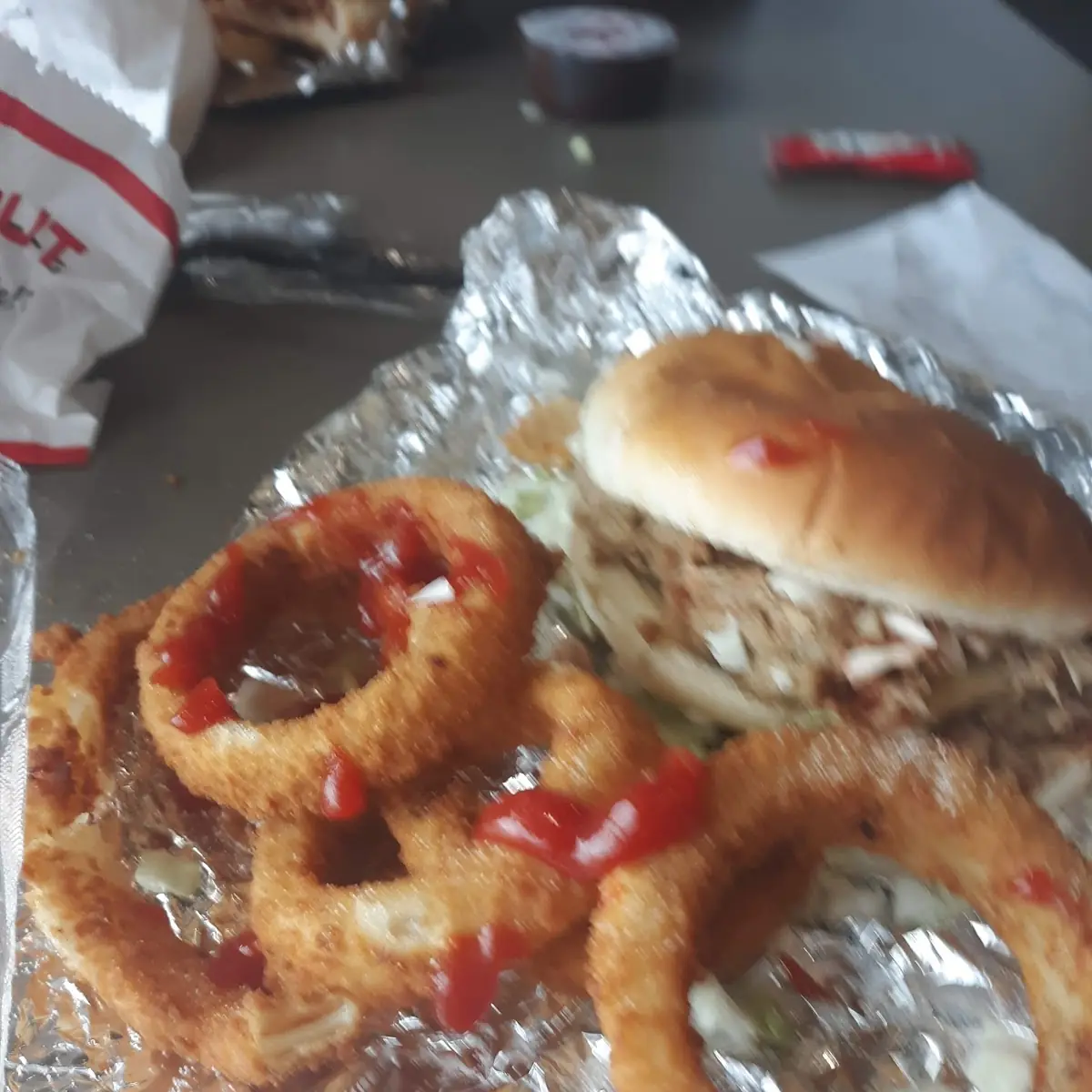 Pulled Pork Barbeque Sandwich with Onion Rings