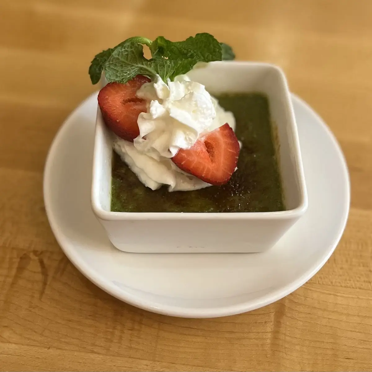 Matcha Creme Brulee with Strawberry