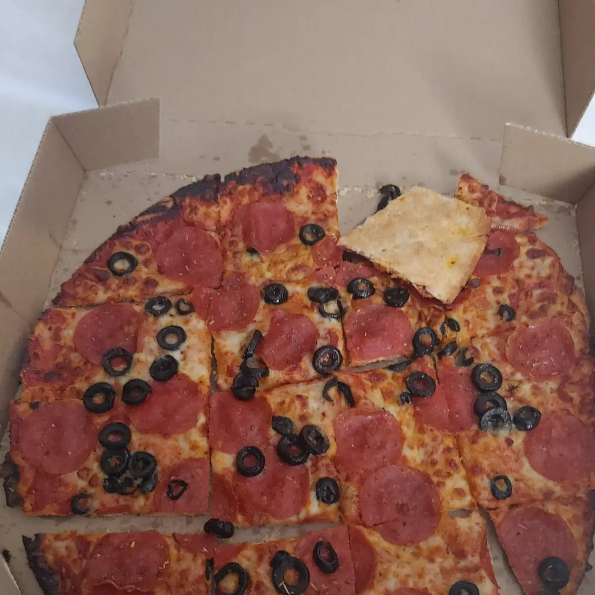 Thin Crust Pepperoni and Black Olive Pizza