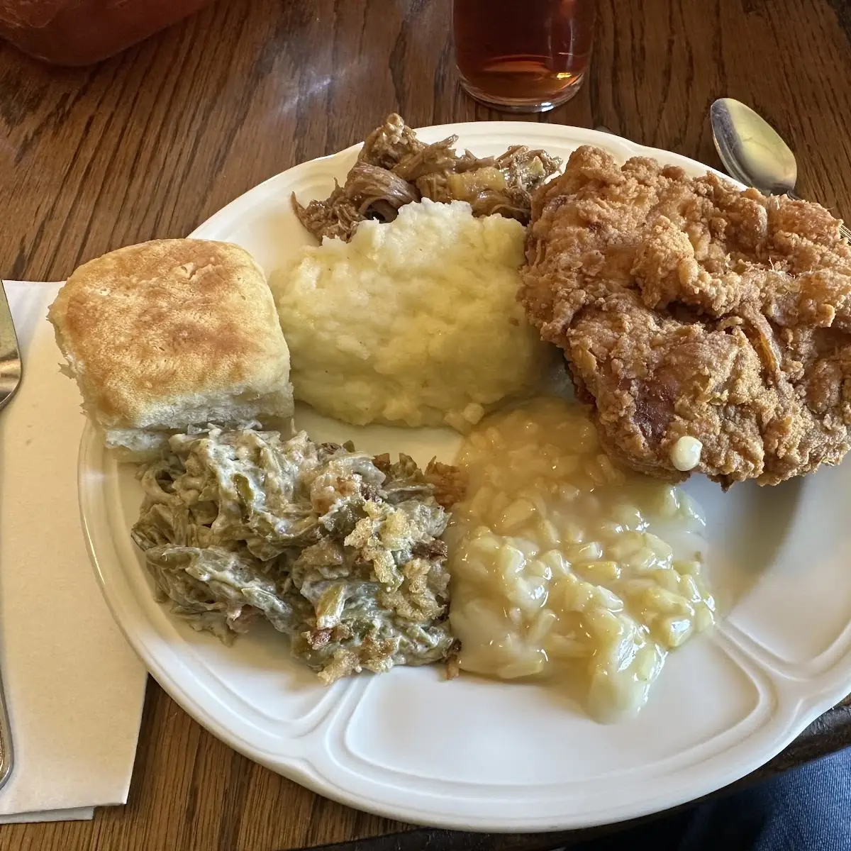 Fried Chicken with Green Bean Casserole and Mashed Potatoes