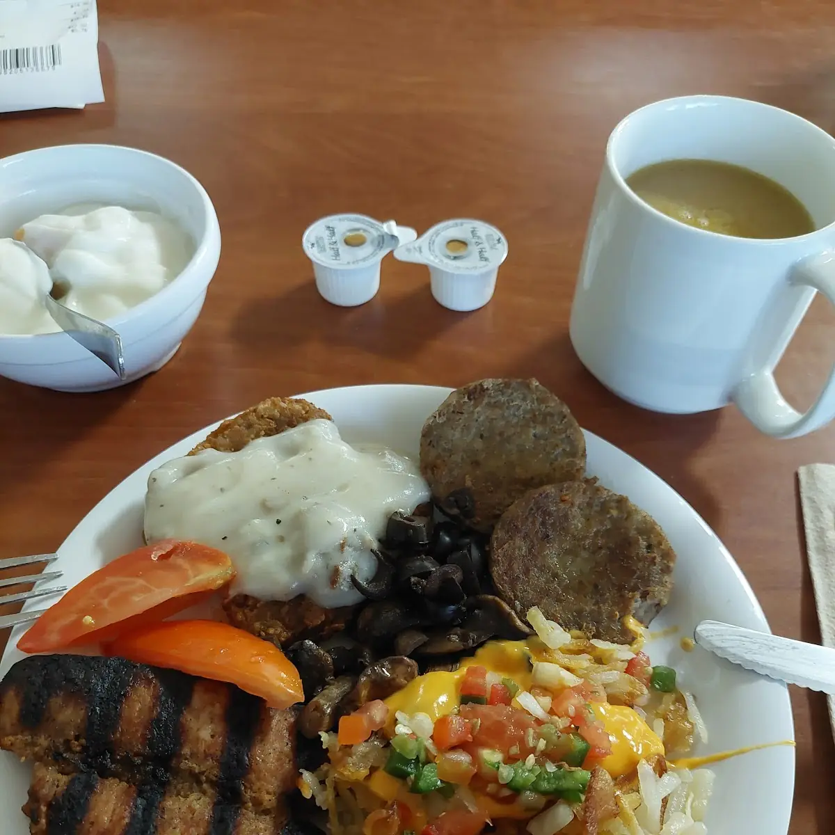 Mixed Breakfast Meats Hash Browns Veggies