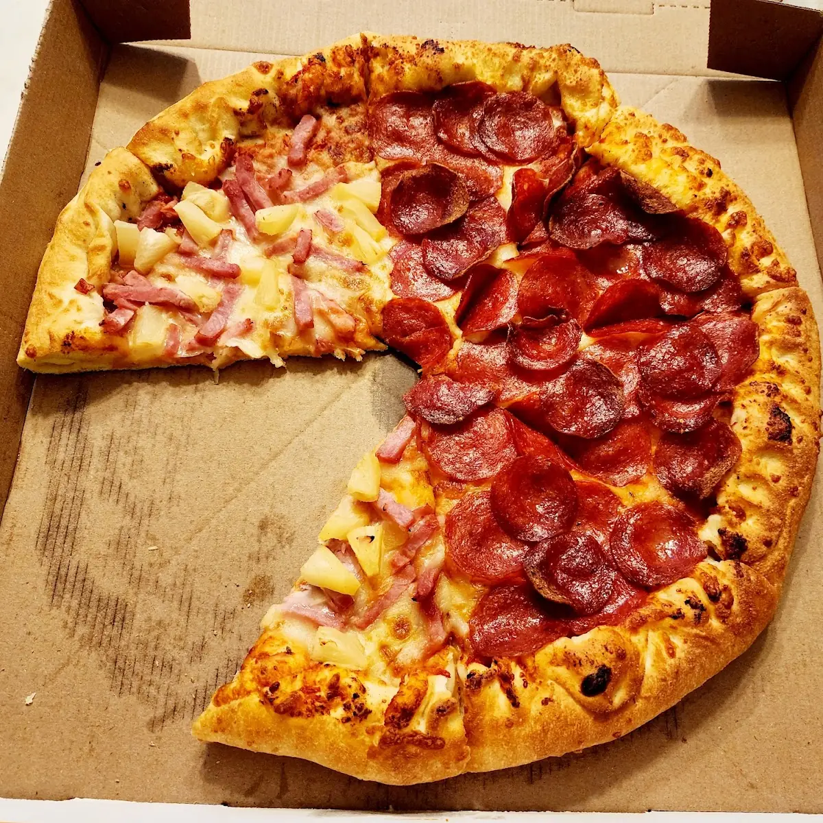 Stuffed Crust Half Hawaiian Half Extra Pepperoni Pizza