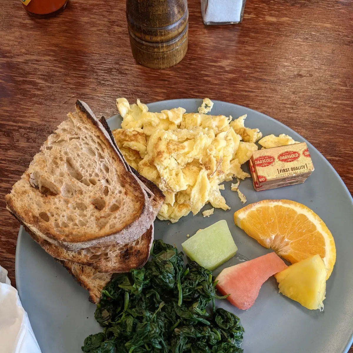 Scrambled Eggs Toast and Organic Spinach