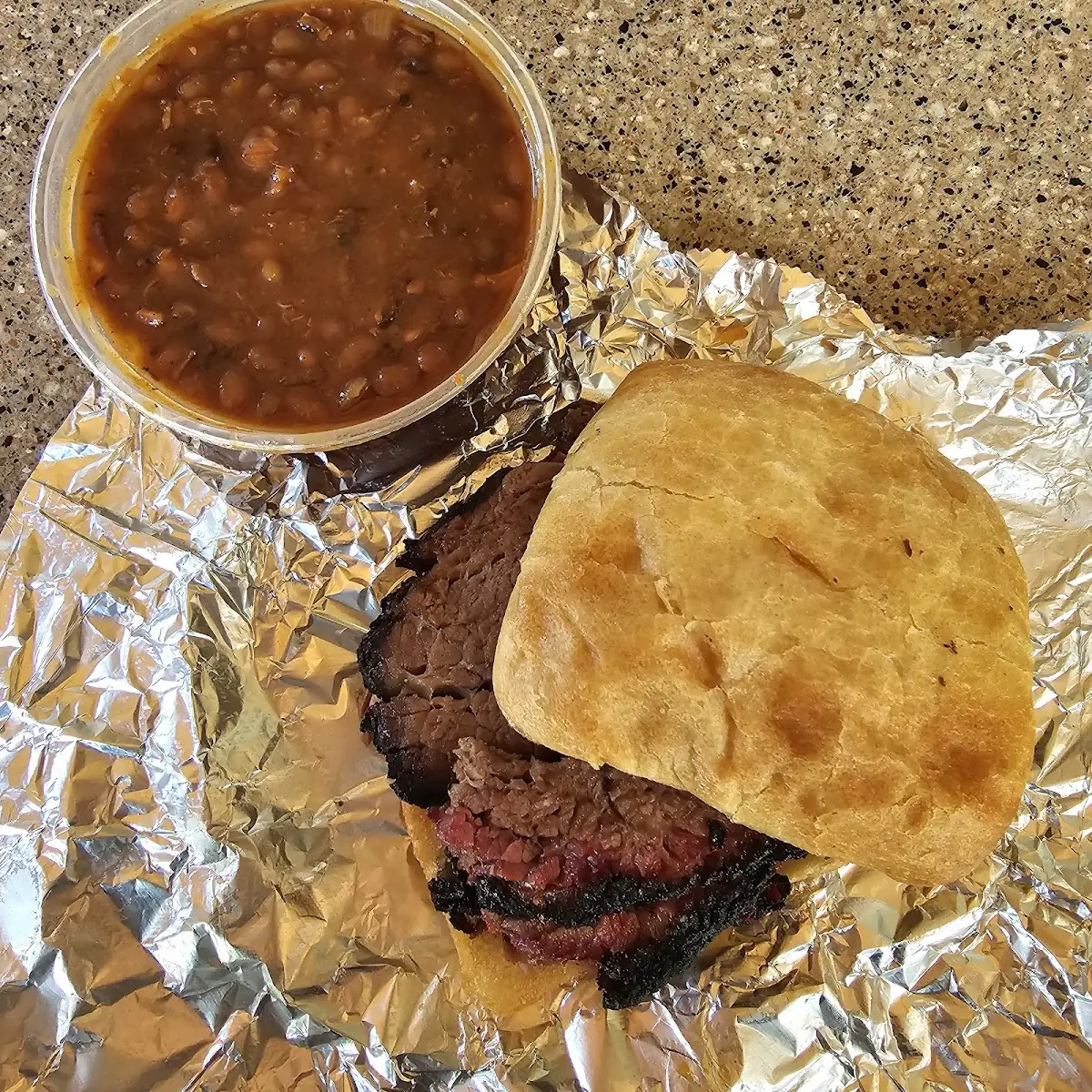 Brisket Sandwich and Baked Beans