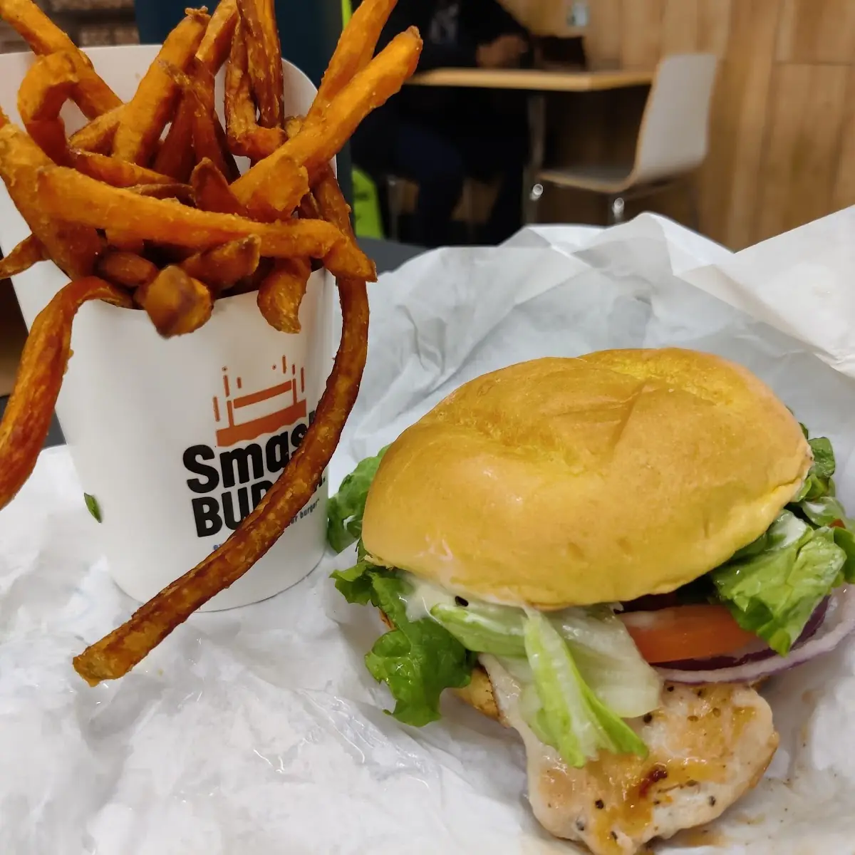Grilled Chicken Burger with Sweet Potato Fries
