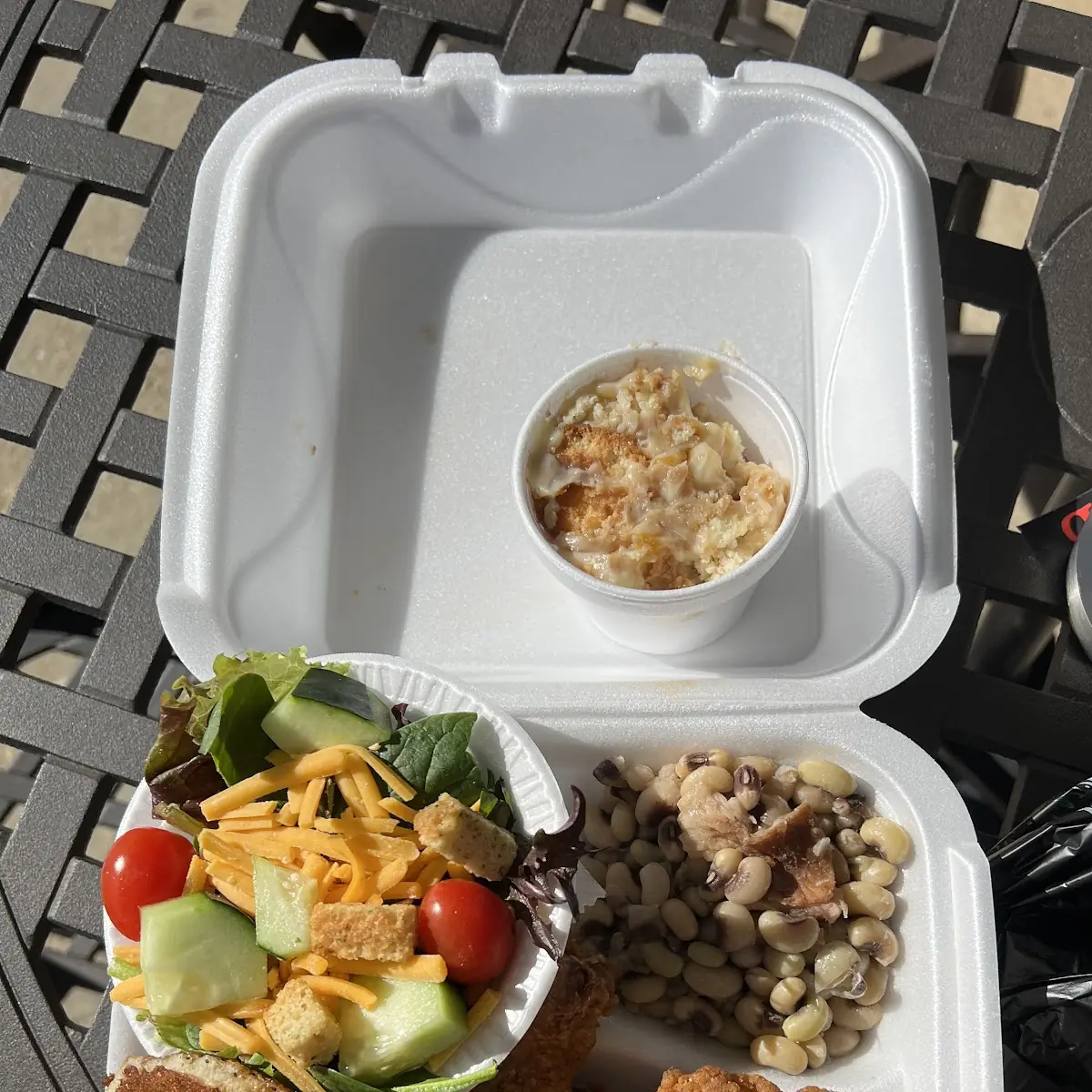 Fried Chicken Purple Hull Peas Side Salad Cornbread Banana Peach Pudding
