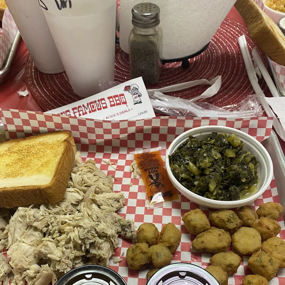 Pulled Chicken Collard Greens and Fried Okra