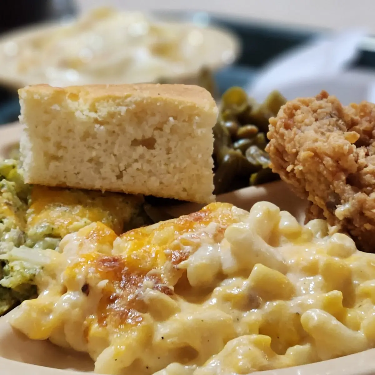 Fried Chicken Mac and Cheese Broccoli Casserole Green Beans & Cornbread
