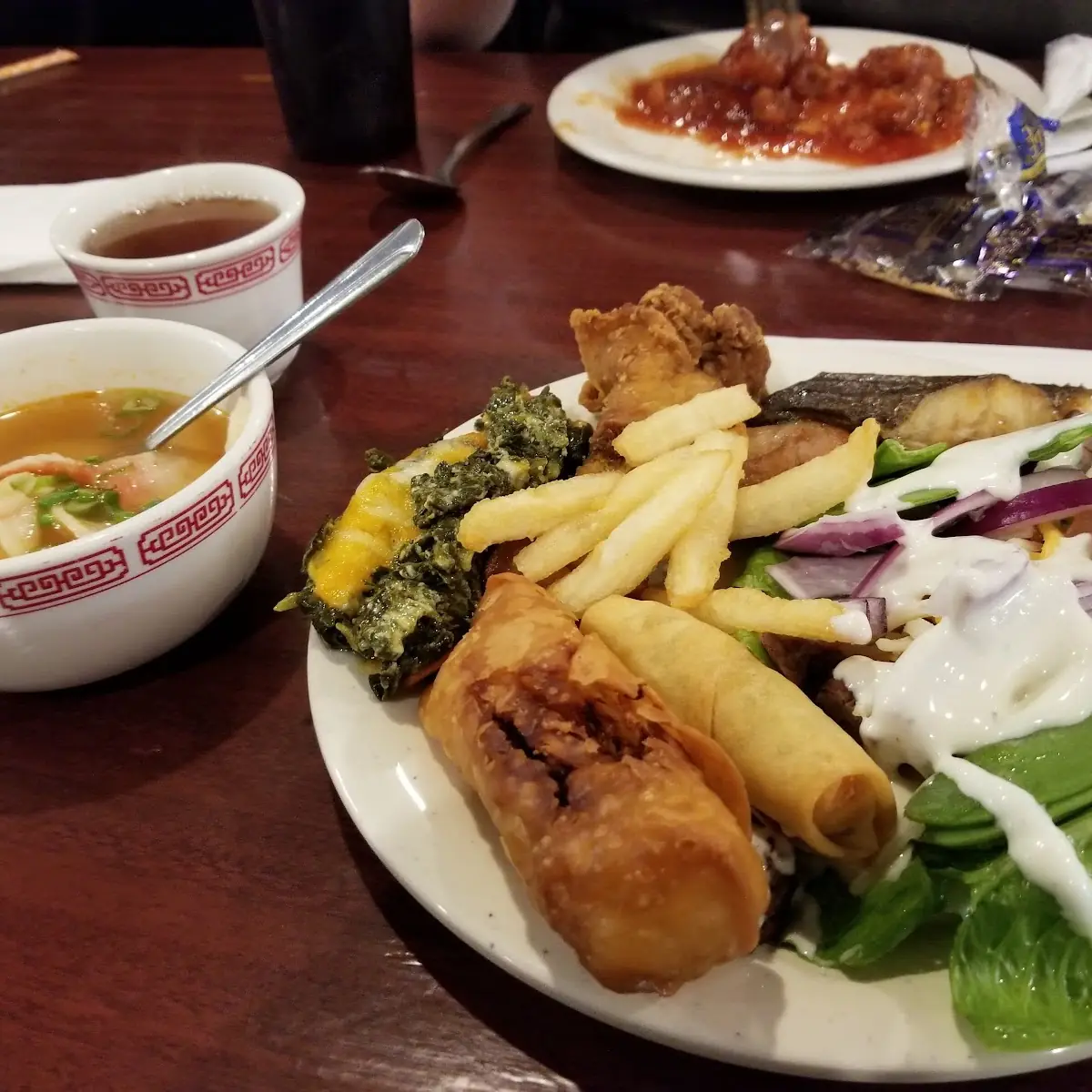 Buffet Dinner Plate and Seafood Soup
